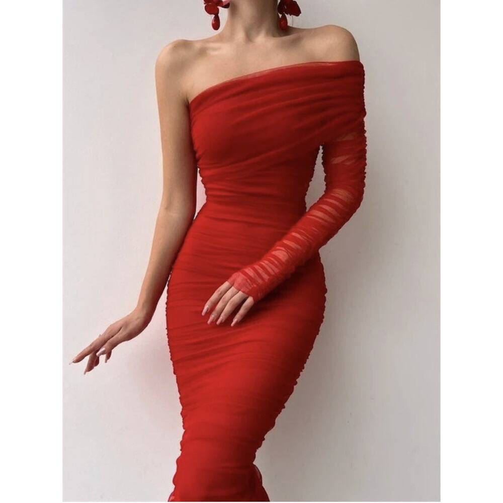 JLUX LABEL Red Ruched One Shoulder Size L